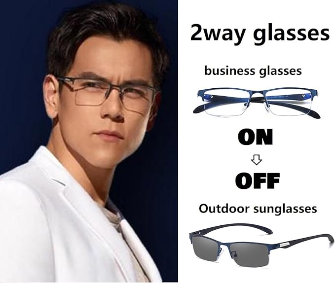 REONAS Brand 2 Blue Light Reduction Glasses + Dimming, Color Changes to Sunglasses for Computers, Business, 2-Way Specifications, Lightweight, UV Protection, Over 90%, Half Rim - BeesActive Australia