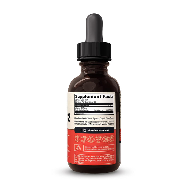 Live Conscious Vegan Vitamin B12 Sublingual Liquid Drops Methylcobalamin Max Strength B12 5000mcg Formula - Vegan B 12 Vitamin Support Energy, Promote Memory & Aid Immune System (2 Pack) 2 Fl Oz (Pack of 2)