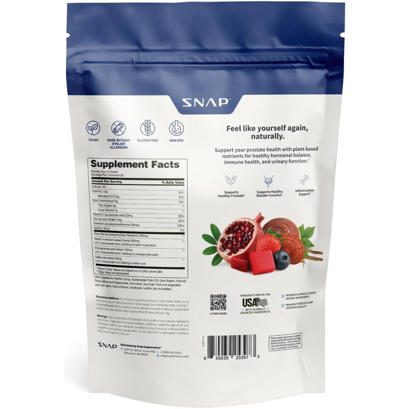 Snap Supplements Prostate Health + Nitric Oxide Bundle, 60 Soft Chews Each | Plant Sterols, Stinging Nettle Root & Reishi Mushroom + Beet Root Natural Chews, Pomegranate-Berry + Mixed Berry Flavors