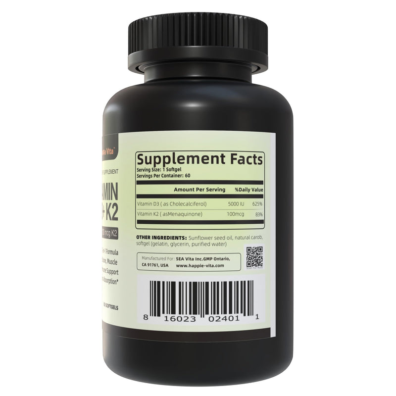 Vitamin D3 K2, Vitamin D3 5000 IU (125 mcg) + Vitamin K2 100 mcg, 2 in 1 D3 and K2 Supplements for Bone, Teeth, Muscle and Immune Health Support, 60 Softgels