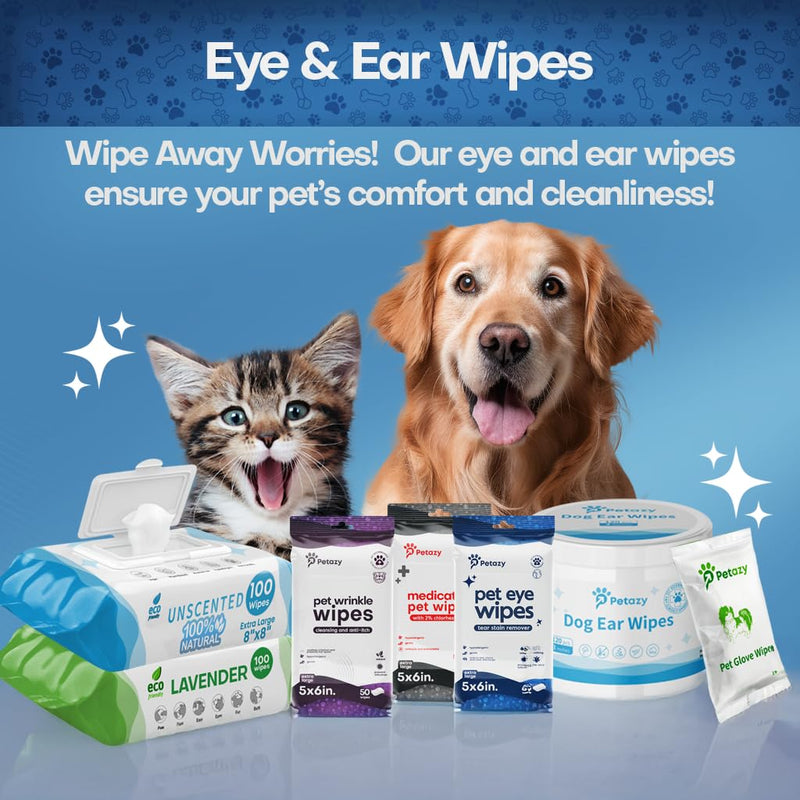 Petazy Tear Stain Remover Wipes for Dogs and Cats - Extra Large 5 x 6 in Hypoallergenic Pet Eye and Face Wipes for Discharge and Crust, Unscented, 50 Count 60 XL EYE WIPES