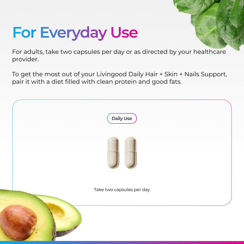 Livingood Daily Hair, Skin & Nails Vitamins, Biotin + Collagen, 60 Capsules | 14-in-1 Supplement for Healthy Hair Growth, Clear Skin, and Nail Strengthener, Biotin + Collagen + Keratin, Made in USA