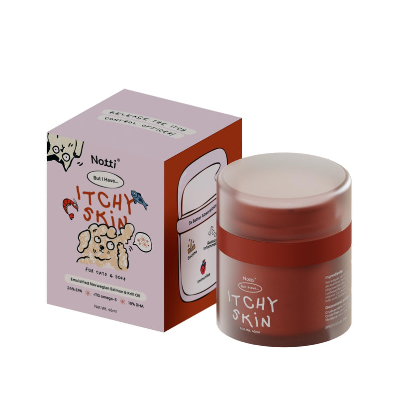 Notti Itchy Skin Allergy Relief - Omega 3 Fish Oil - Itchy Ears - High Concentration - Norwegian Salmon & Krill Oil Pet Supplement for Cats and Dogs - DHA - Probiotics - Joint