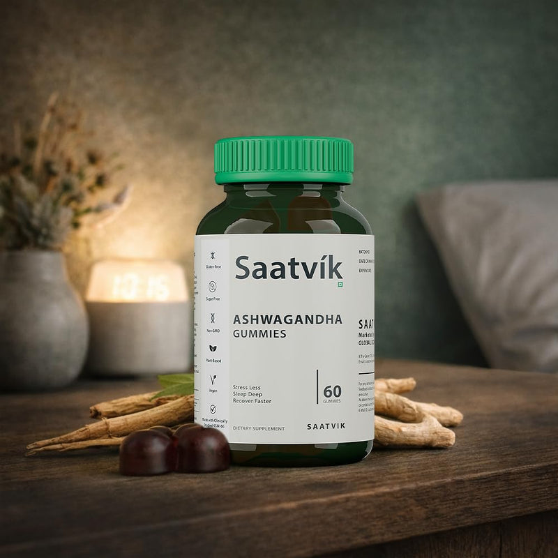 Saatvik Zero Sugar Ashwagandha & Vitamin D Gummy - 60 Count - Mixed Berry, KSM-66, Vegan, Plant Based, Non-GMO, Gluten-Free & Gelatin Free Relax. Restore. Unwind, Pack of 1