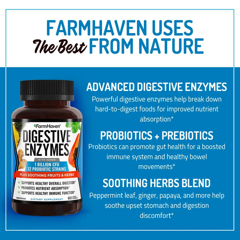 FarmHaven Digestive Enzymes with 18 Probiotics & Herbs, 60 Capsules | Papaya, Bromelain, Protease & More for Lactose Absorption and Better Digestion - Helps Relieve Bloating, Gas and Constipation