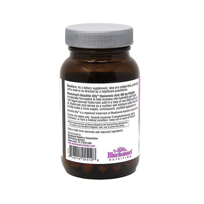 Bluebonnet Nutrition Beautiful Ally Hyaluronic Acid 100mg, Nurture Radiant Skin*, Non-GMO, Gluten-Free, Soy-Free, 90 Softgels, 90 Servings | Third-party tested for purity and potency; manufactured in the USA