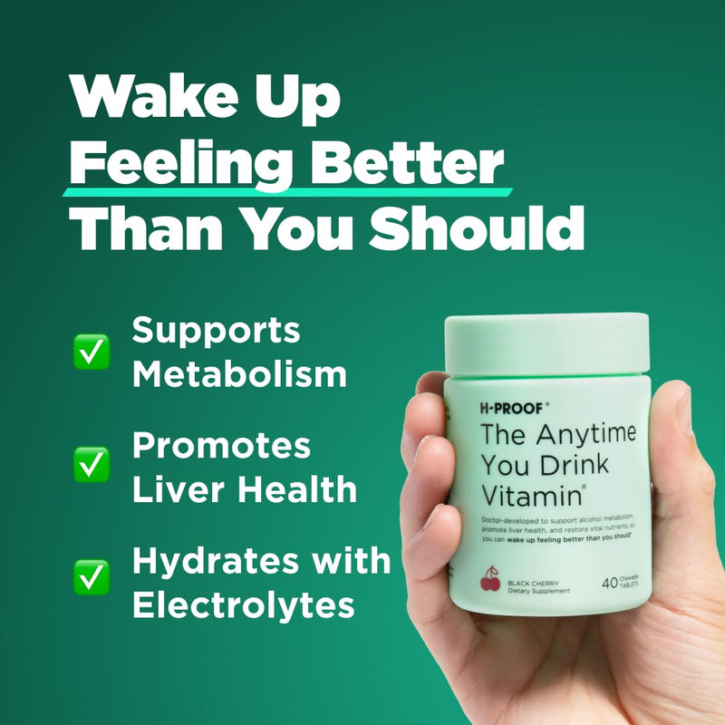 H-PROOF The Anytime You Drink Vitamin, Lemonade, 40 Chewable Tablets | 20 Servings, Supports Liver Health, Replenishes Electrolytes for Hydration, DHM, Milk Thistle, L-Glutathione, Vitamins B & C