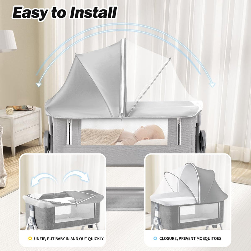 Bassinet Cover for Baby, Blockout Mosquito Net Cover with 2-Way Zipper, Portable Bassinet Canopy Cover for Cats to Keep Pet Out, Bug Net Cover for Bedside Sleeper Gray