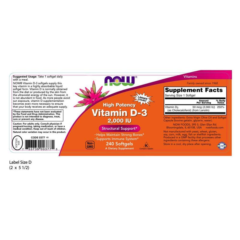 NOW Supplements, Vitamin D-3 2,000 IU, High Potency, Structural Support*, 240 Softgels 240 Count (Pack of 1)