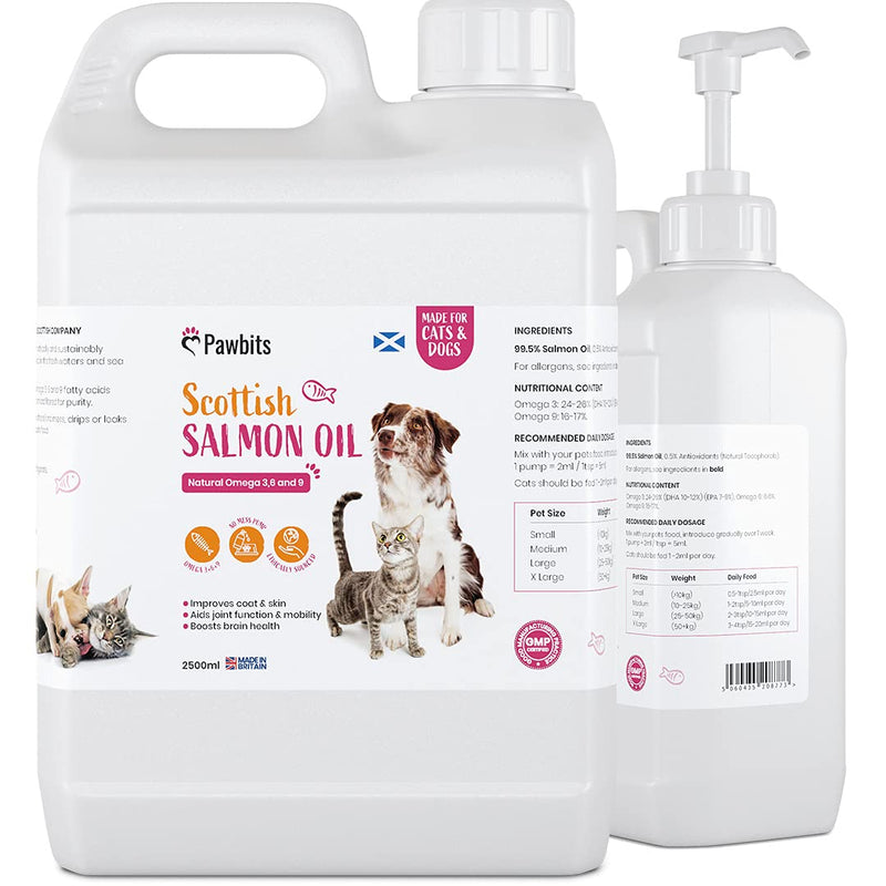 Pawbits 2.5 Litre Scottish Salmon Oil For Cats & Dogs - Natural Omega 3+6+9, Healthy Coat & Immune System
