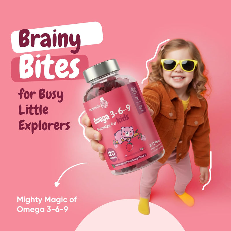 maxmedix Kids Omega 3 6 9 Gummies | Plant-Based Fatty Acids for Brain, Learning & Focus Support | 120 Gummies (2-Month Supply) | Omega 3 for Kids with No Fishy Taste | Strawberry & Raspberry Flavor