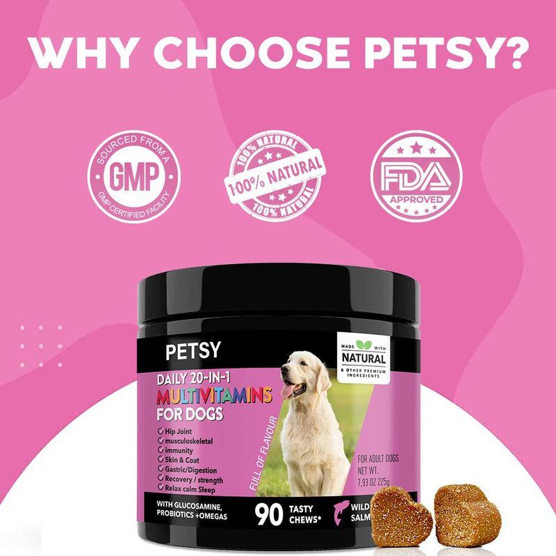 PETSY Multivitamin for Dogs – 20-in-1 Dog Multivitamin Chews with Probiotics, Glucosamine & Chondroitin with Salmon Oil, Biotin & Folic Acid | Joint, Gut, Skin & Immune Support | Natural Treats Salmon Flavour Chews