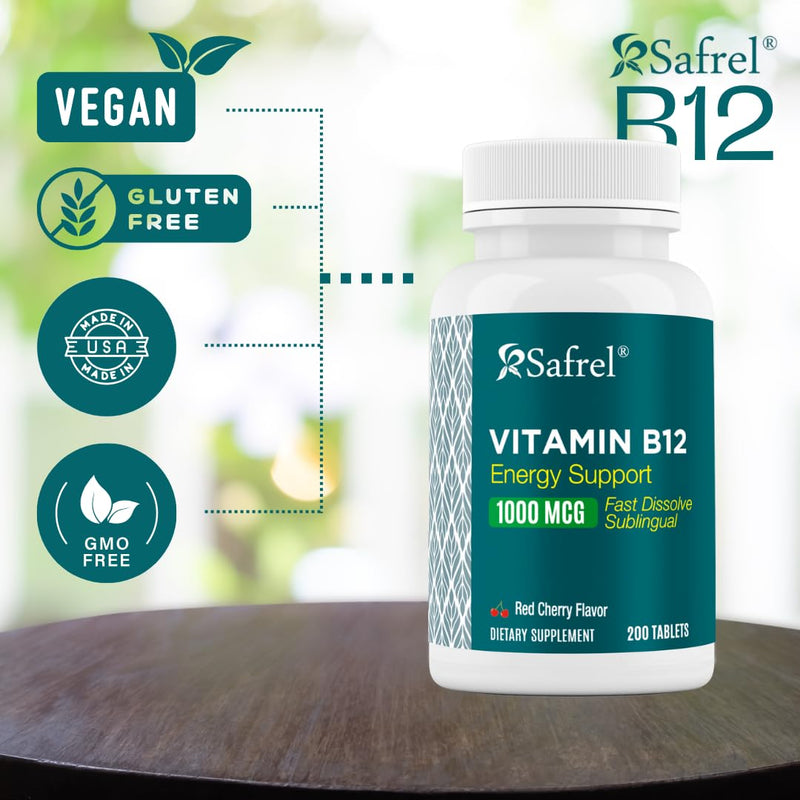 Safrel Vitamin B12 1000 mcg, 200 Fast Dissolve Tablets, Easy to Take Sublingual B12 Cherry Flavor, 200 Day Supply