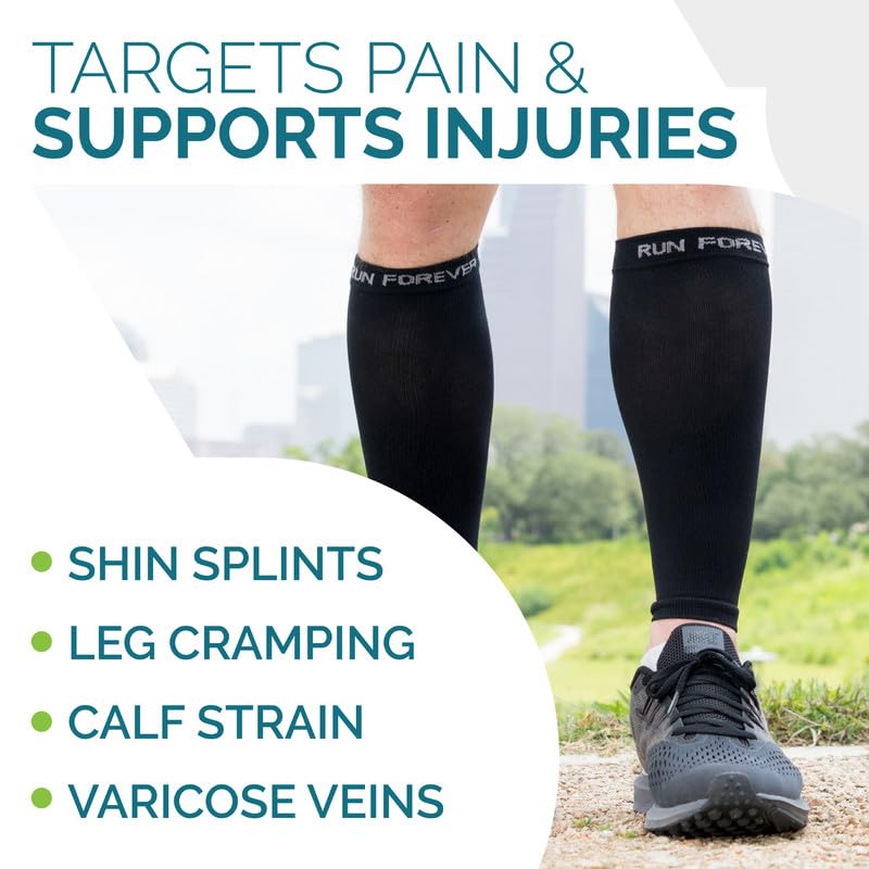 Run Forever Calf Compression Sleeve for Men & Women, 20-30mmHg Compression Medium 2-pair Black & Grey