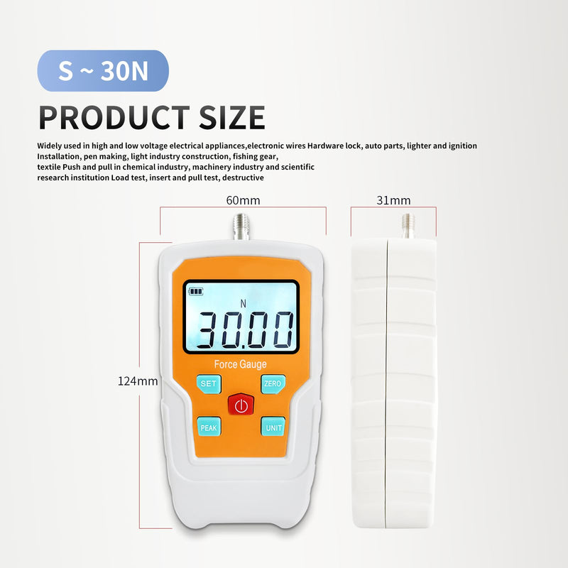 Digital Force Gauge Push and Pull Meter Dynamometer Tension Pressure Tester Thrust Meter Compression Load Plug Force Destructive Tests 30N/3kg/6.5lb/108Oz 6.5LB 30N - BeesActive Australia