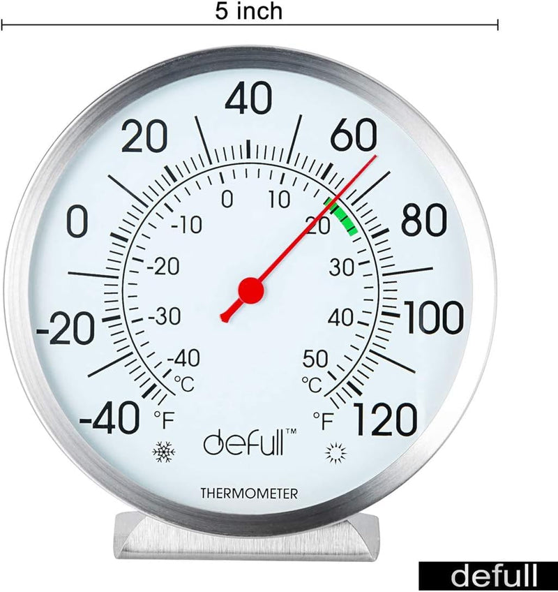 5" Large Dial Indoor Outdoor Thermometer - Battery-Free, Dual Scale -40°F to 120°F / -40°C to 50°C, Stainless Steel with Wall Mount or Table Stand for Home, Patio, Garage Indoor/Outdoor-5 Inch - BeesActive Australia