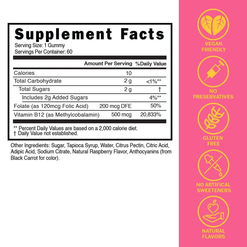 Kids & Teens Energy Support with Vitamin B12 + Folate (B9) - Supports Energy Production, Brain Function & Metabolism - Gluten Free - Raspberry Flavor - Soft Chew 60 Gummies (60 Servings)