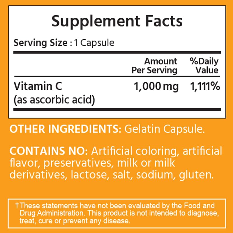 ML Naturals Vitamin C 1000mg Per Serving, 180 Capsules, Long-Lasting Effect, Gluten-Free, GMO-Free, Immune & Antioxidant Support | Long-Lasting Effect, Gluten-Free