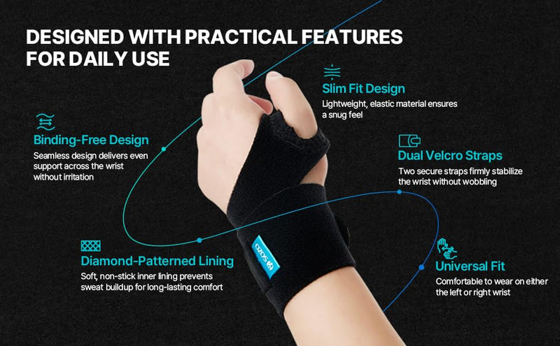 SOZO Lightweight Wrist Wrap Brace for Carpal Tunnel, Tendonitis & Injury Recovery, Double Compression Support for Left or Right Hand, Adjustable Fit for Men & Women