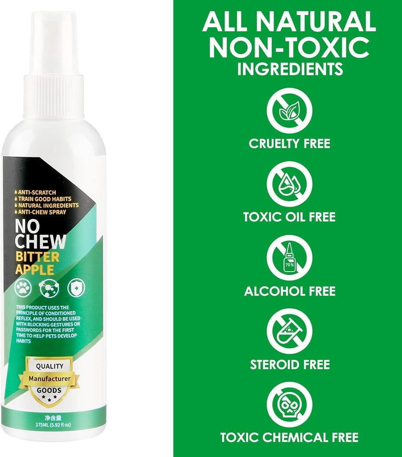 No Chew Bitter Apple Spray for Dogs & Cats, Natural Alcohol-Free Anti-Chew Spray to Stop Chewing, Licking & Biting, Furniture & Wound Safe Pet Behavior Training Spray, 5.92 fl oz Green