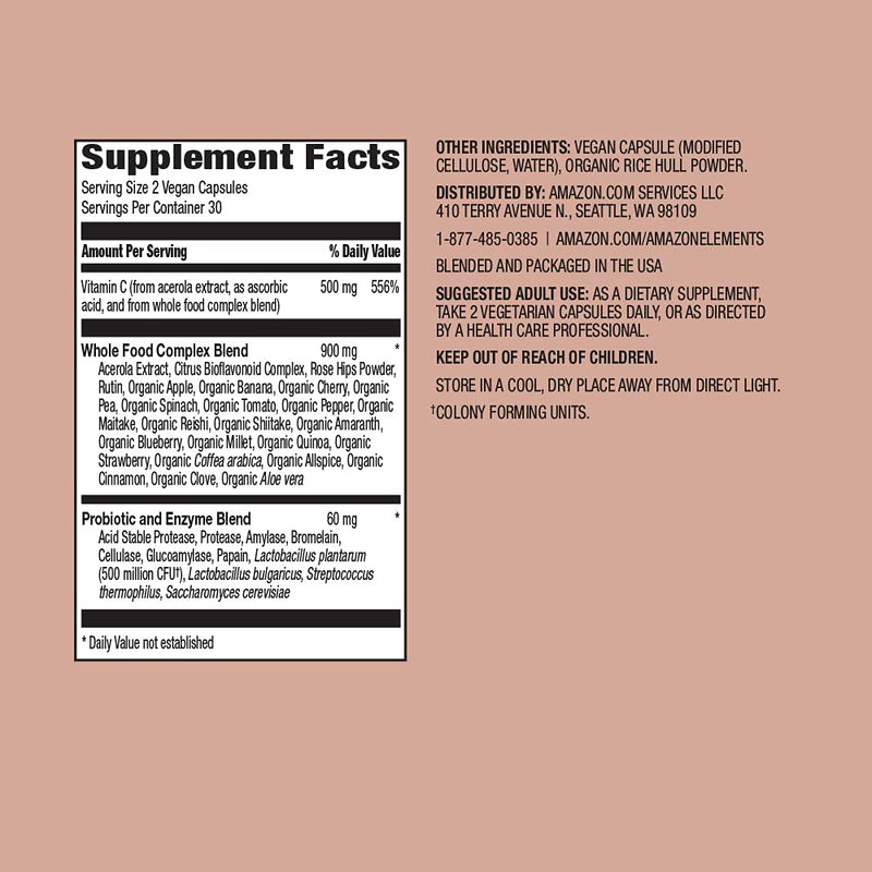 Amazon Elements - Whole Food Vitamin C, 95% Whole Food Source, Dietary and other ingredients derived from whole foods, Non-GMO verified ingredients, vegan certified, and gluten free, 60 capsules 60 Count (Pack of 1)