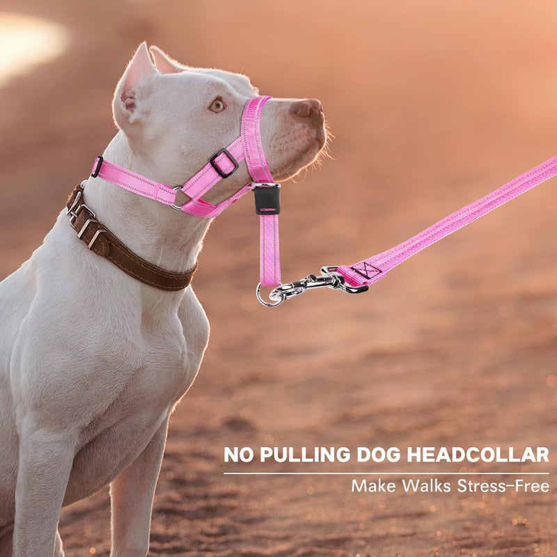 No-Pull Dog Headcollar - Reflective Head Halter Collar for Dogs, Padded Dog Head Collar to Stop Heavy Pulling, Anti-Pull Muzzle Leash (Pink, Medium) Pink - BeesActive Australia
