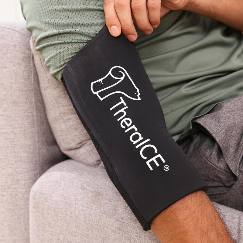 TheraICE Elbow Ice Pack Wrap Compression Sleeve for Injuries Reusable Gel Arm Cold Packs | Tennis Elbow Golfers & Cubital Tunnel, Tendinitis Pain Relief | Plus Shin Splints, Calf Strain | Women & Men Black Small/Medium