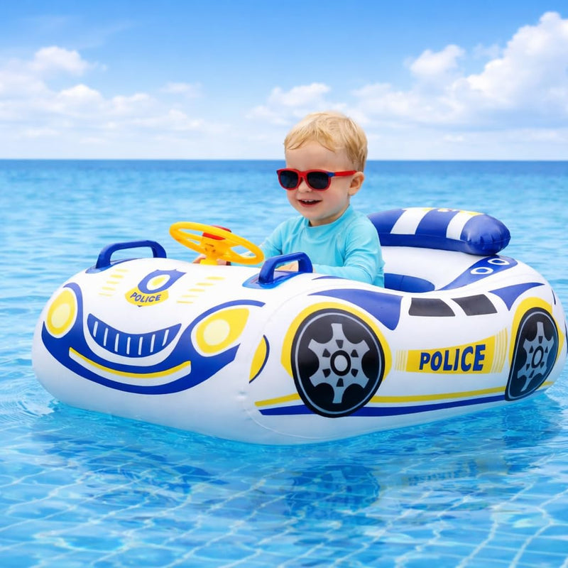 Baby Pool Float for Toddlers 12-48 Months 3D Car Inflatable Swim Float with Steering Wheel Heavy Duty 0.35mm PVC Infant Swim Pool Float Safe No Flip Swimming Toddler Floaties for Boys&Girls1-5 Years Blue&White