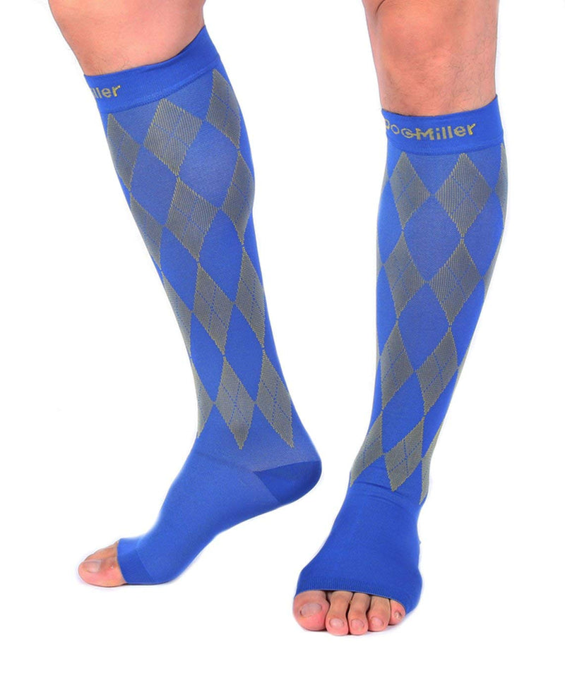 Doc Miller Open Toe Compression Socks for Men & Women, 20-30 mmHg Knee High Support, Toeless Design for Daily Leg Comfort, Breathable Nylon Spandex, 1 Pair X-Large Yellow Blue - BeesActive Australia