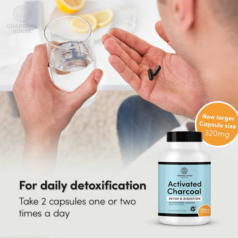 Activated Charcoal Capsules 125 Vegetarian Capsules 320mg - Vegan 100% Pure Coconut Shell Charcoal No Filler 300