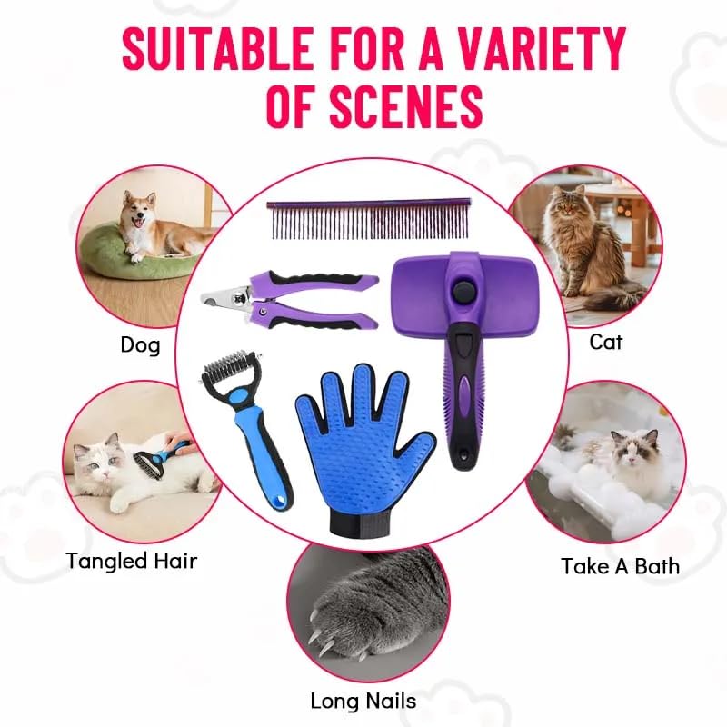 Pet Grooming Kit, 5-Piece Set, Purple and Blue, Includes Self-Cleaning Slicker Brush, Nail Clippers, Grooming Glove, Dematting Comb, Steel Comb - BeesActive Australia