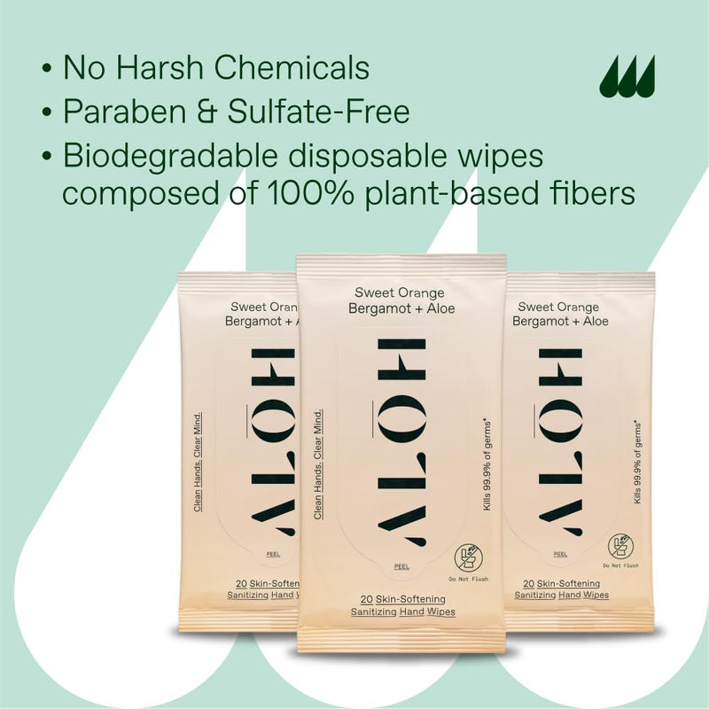 AL≈åH Sweet Orange Bergamot + Aloe Sanitizing Hand Wipes - Clean Hands, Clear Mind - On The Go Hand Sanitizing Wipes for Kids and Adults - Travel Size 3 Pack 20ct Wipes (60 wipes) Sweet Orange Bergamot 3 pack 20ct Wipes (60 wipes)