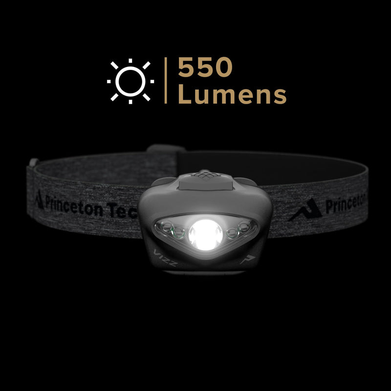Princeton Tec Vizz Headlamp 550 Lumen Dimmable LED, IPX7 Water Resistance, Essential Outdoor Accessory for Hiking, Backpacking, Camping, Running, and Safety Preparedness, Black, New Version One Size 550 Lumens / 22' Model