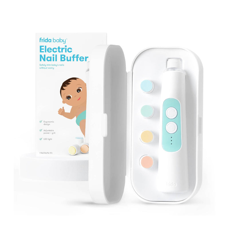 Frida Baby Electric Nail Buffer | Safe + Easy Baby Nail File, Baby Nail Clippers + Nail Trimmer Kit for Newborn, Toddler, Children's Fingernails/Toenails, 4 Buffer Pads, LED Light, Storage Case, White - BeesActive Australia