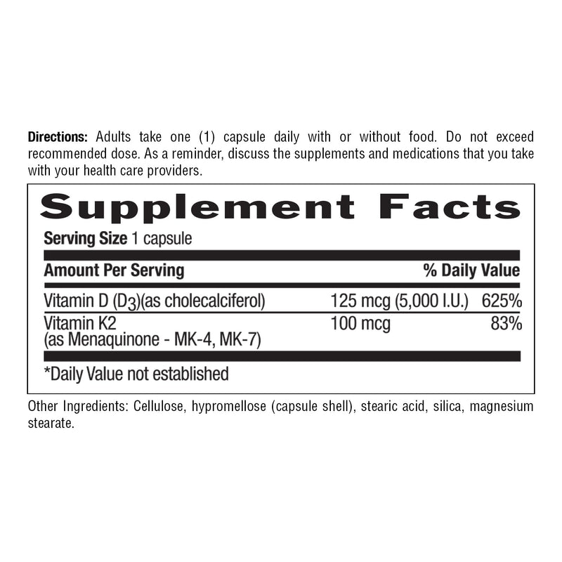 Country Life Vegan D3 + K2, MK-4 and MK-7, 60 Capsules | Provides 5,000 IU vitamin D3 and 100 mcg vitamin K2 from MK-4 and MK-7 60 Count (Pack of 1)