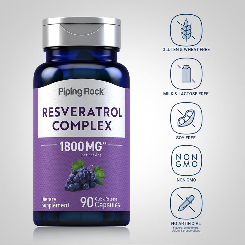 Piping Rock Resveratrol Complex 1800 mg | 90 Capsules | Ultra Potent | Non-GMO, Gluten Free Supplement 90 Count (Pack of 1) - BeesActive Australia