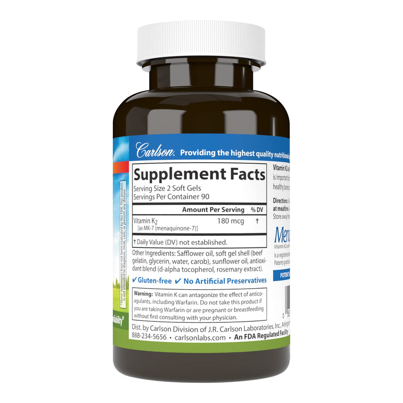 Carlson - Vitamin K2 MK-7 (Menaquinone), 180 mcg, Bone Support, Calcium Bioavailability, K2 Vitamin, Vitamin K-2, 180 Softgels - BeesActive Australia