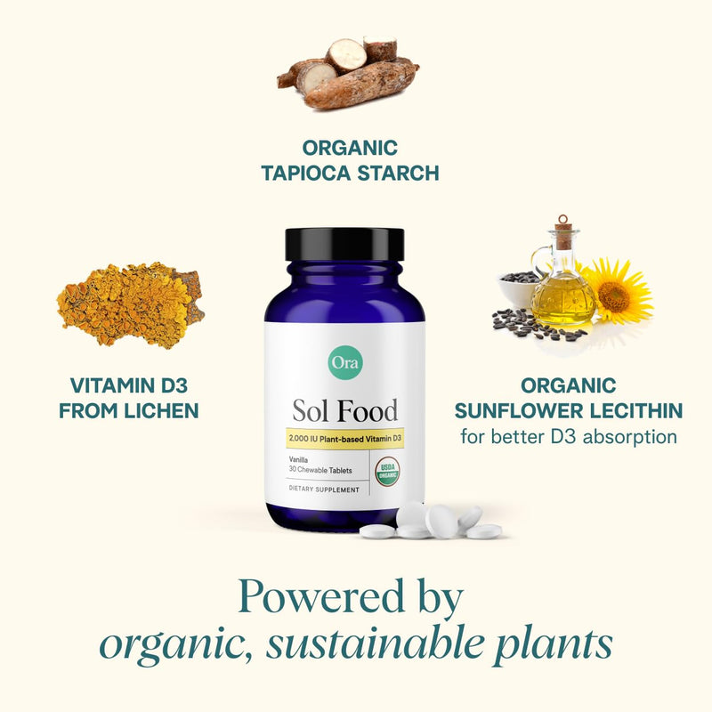 Ora Organic Vitamin D3 2000IU - Vegan Vitamin D Chewables from Lichen for Bone Health, Immune Support, & Mood | Maximum Absorption - 1 Month Supply, 30 Vegan Chewable Vanilla Tablets 30 Count (Pack of 1) Organic Tablets - 2000 IU