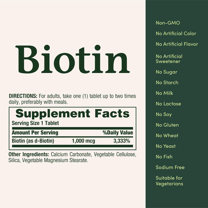 Nature's Bounty Biotin 1000 mcg Vitamin Supplement Tablets 100 ea (Pack of 2)