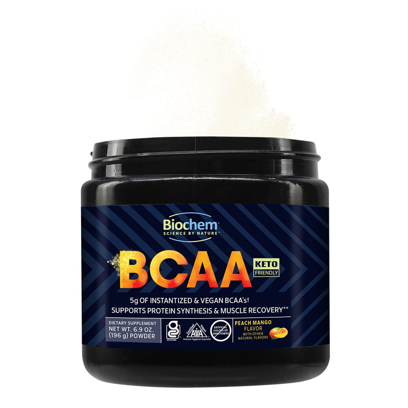 Biochem Vegan BCAA Powder, Peach Mango, Workout Recovery, 30 Servings | 5 g instantized 2:1:1 blend of L-leucine, L-isoleucine and L-valine to support protein synthesis and muscle recovery