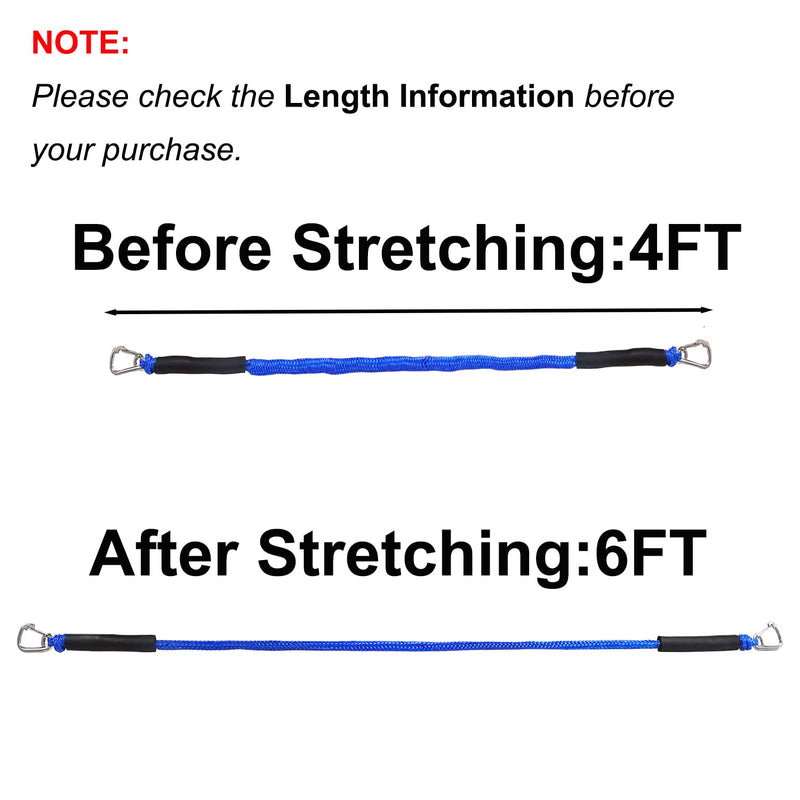 Bungee Boat Dock Line, Floatable Mooring Rope, Stretchable Docking String for Pontoon, Jet Ski, SeaDoo, WaveRunner, Kayak, Boat Accessories, 2 Stainless Steel Clips, 4-6FT, 4 Pack