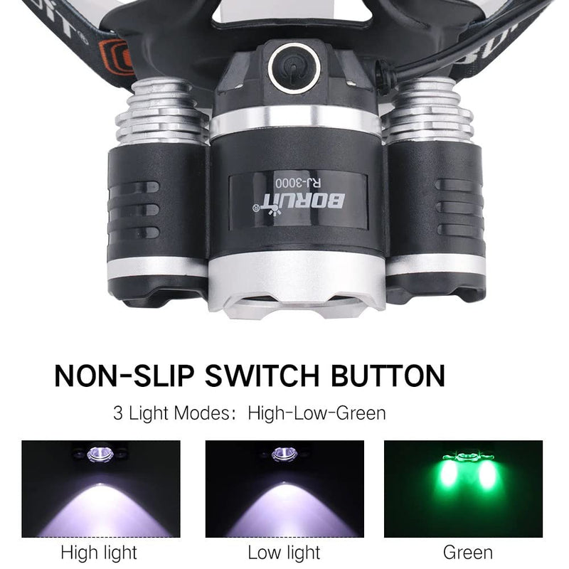 USB Rechargeable Green Light Headlamp,5000 High lumens Brightest White & Green LED Hunting Headlamps,IPX4 Waterproof Zoomable Work Headlight Head Flashlight for Camping, Hiking, Running