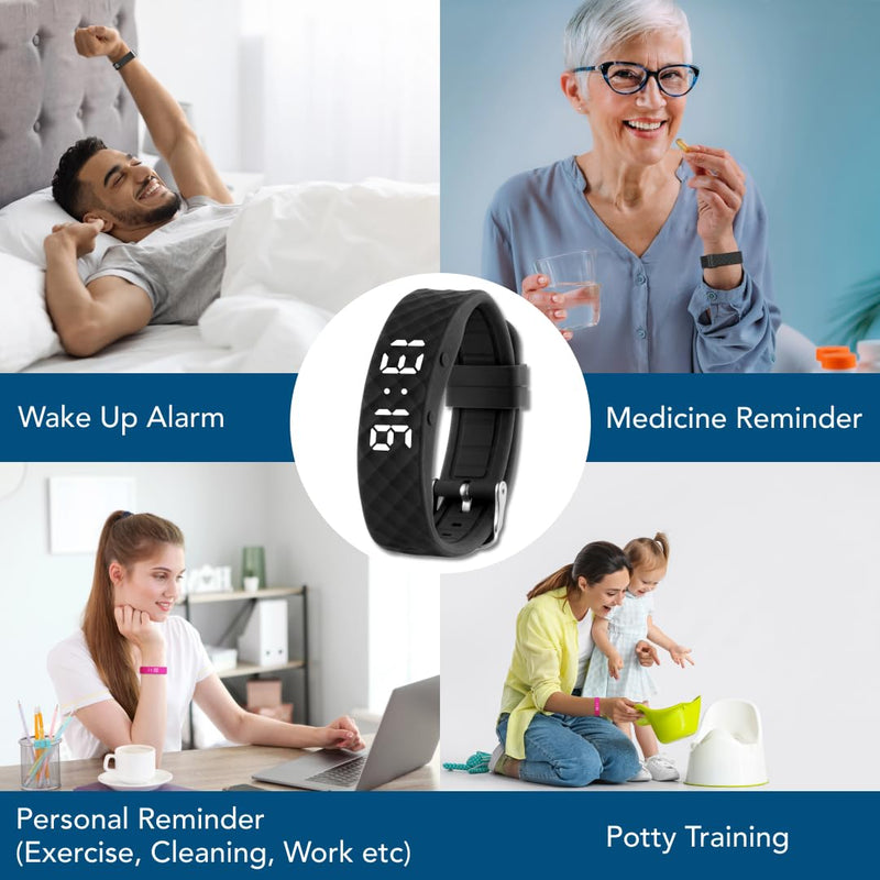 Tabtime Vibrating Alarm Reminder Watch - with up to 10 Personal Alarms or Pill Reminders per Day Black Large