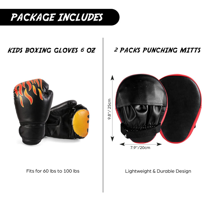 Odoland 2-in-1 Kids Boxing Gloves and Punching Mitts Set, Boxing Mitts Focus Pads, Youth Boxing Fight Gloves Equipment for Taekwondo, Kickboxing, Karate, Muay Thai, MMA Training