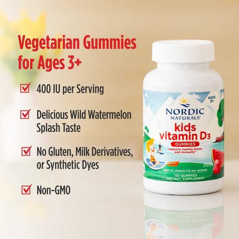 Nordic Naturals Kids Vitamin D3 Gummies, 400 IU, Watermelon - 60 Count | Supports bone health & healthy immunity for growing kids. Delicious wild watermelon splash flavor. 60 servings. 60 Count (Pack of 1)