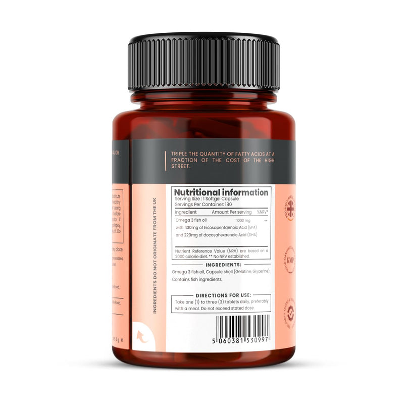 Triple Strength Omega 3 Fish Oil 1000mg, 180 Softgel Capsules (6 Months Supply), 430mg EPA & 220mg DHA per Capsule, Made in UK 180 Count (Pack of 1)