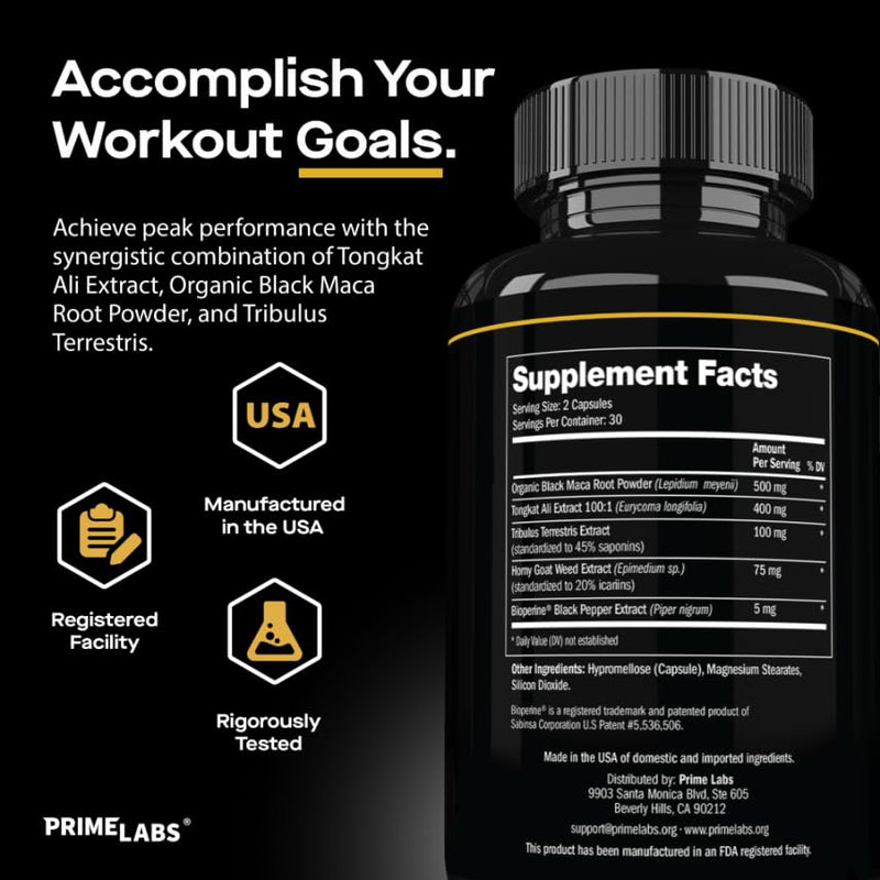 Prime Labs Tongkat Ali for Men - Plus Organic Black Maca Root - Enhanced Performance - Renewed Vitality - Tongkat Ali Extract, Maca Root Powder, Tribulus Terrestris - 60 Capsules - BeesActive Australia