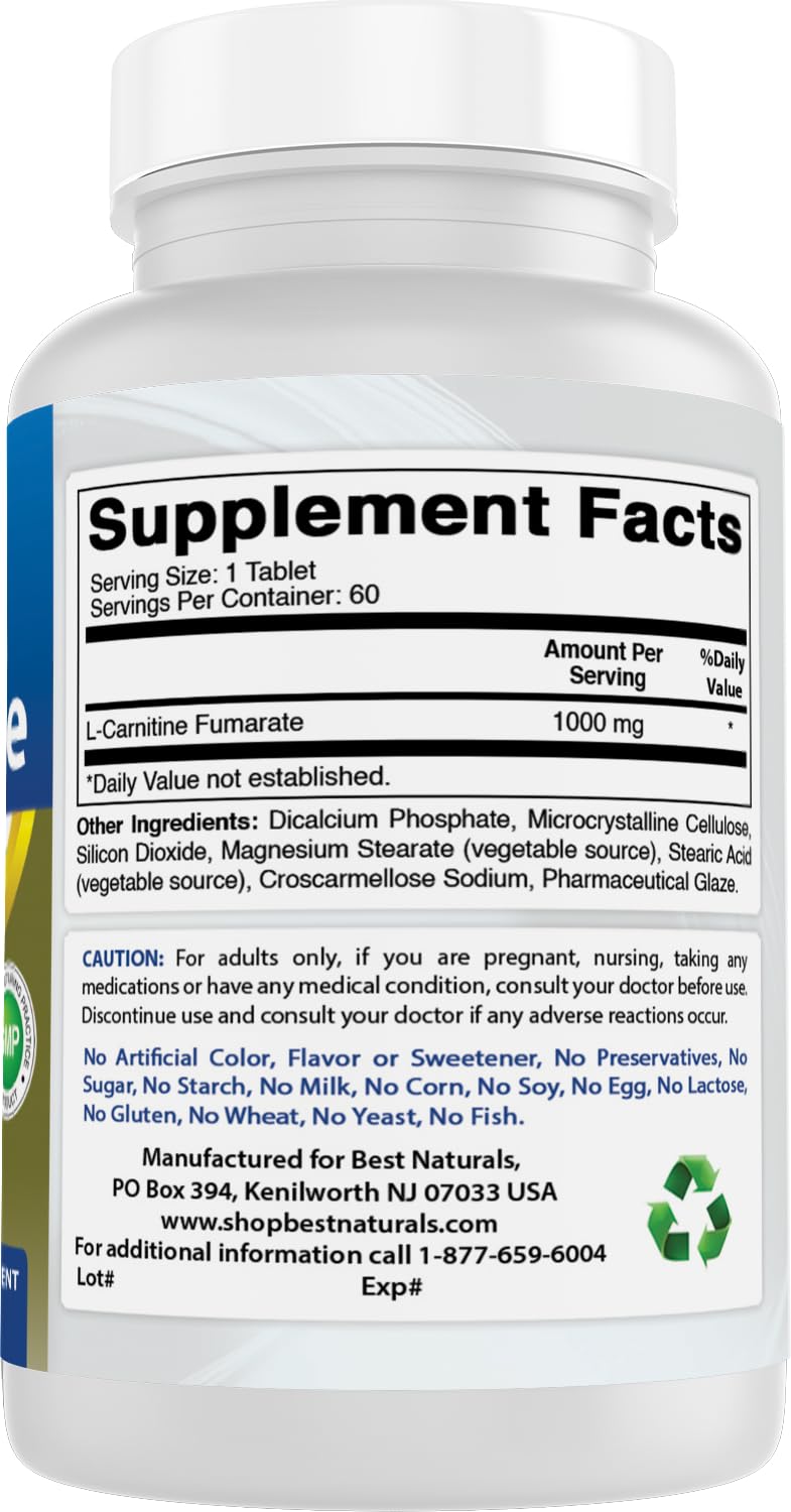 Best Naturals L-Carnitine 1000mg 60 Tablets (60 Count (Pack of 1)) 60 Count (Pack of 1)