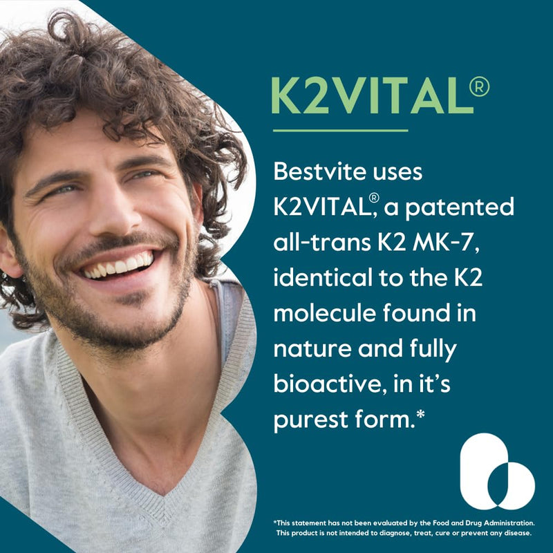 BESTVITE Vitamin K2 100 mcg as MK-7 w/Patented K2VITAL (120 Vegetarian Capsules) - No Stearates - Vegan - Non GMO - Gluten Free 120 Count (Pack of 1) - BeesActive Australia