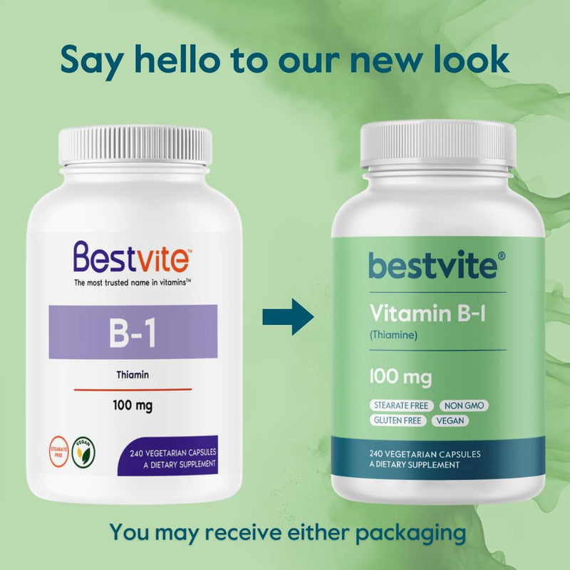 BESTVITE Vitamin B-1 100mg (240 Veg Caps) - No Stearates - Vegan | Non GMO - Gluten Free - Supports Energy Metabolism* - Easy to Swallow Capsules 240 Count (Pack of 1)